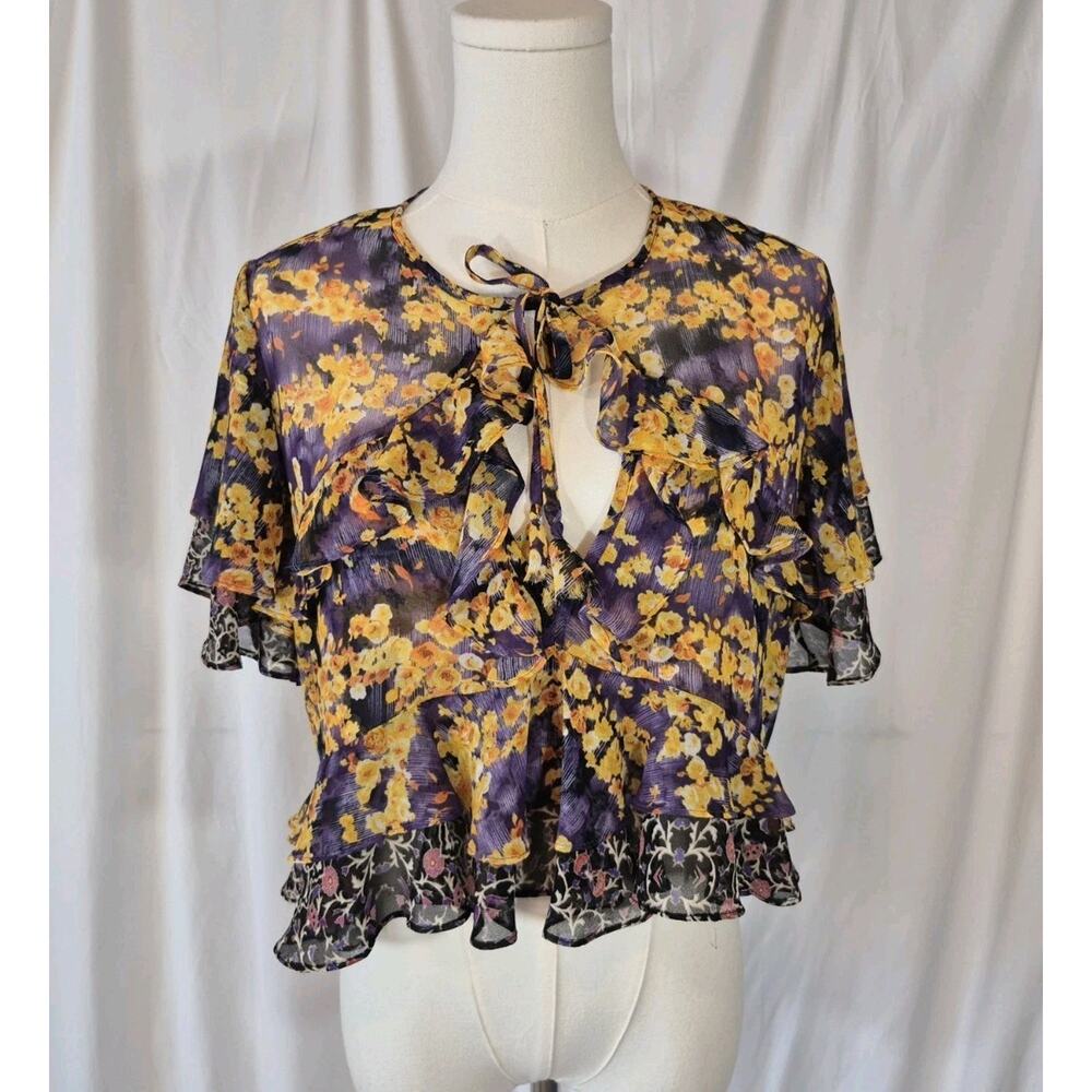 Misa Womens Designer Black Gold Floral Raziela Sheer Ruffle Top XS - Picture 3 of 10